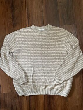 Vintage Perry Ellis cotton sweater beige white stripes men's M crewneck pullover